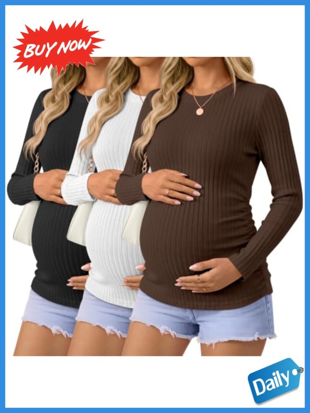 Maternity Cotton Ribbed Long Sleeve Shirt Side Ruched 3 Pack